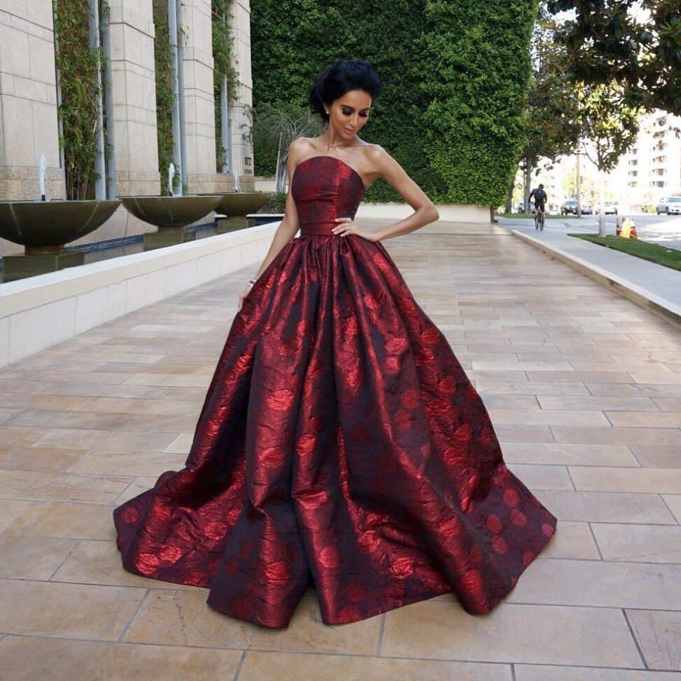 Elegant burgundy metallic ball gown