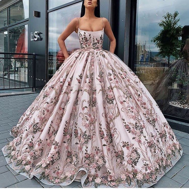Blush pink gown with intricate floral embroidery