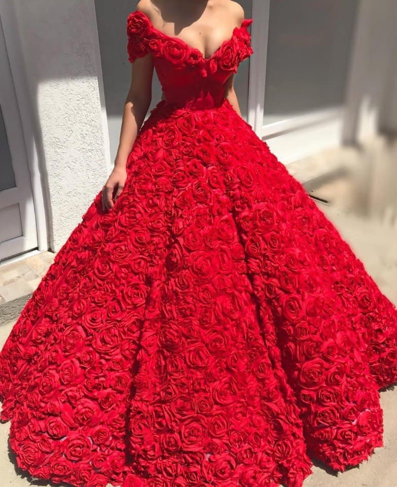 Dramatic red rose-covered ball gown